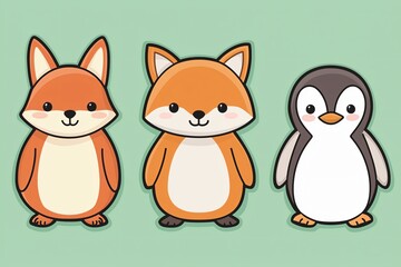 Fototapeta premium Cute animated animals foxes and penguin digital illustration fun