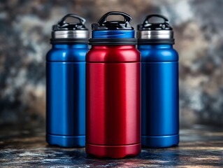 Three blue and red stainless steel tumblers with top handle for grip and hold. 