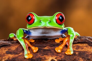 Naklejka premium A tree frog hanging from a branch, with its bright green body standing out against the brown bark