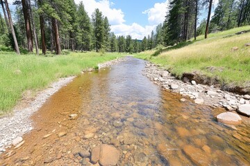 Fototapeta premium A tranquil forest stream winding its way through tall trees, with crystal-clear water reflecting the lush greenery