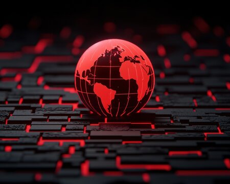 A glowing red globe stands out against a dark, grid-like background, symbolizing global connectivity and technology.