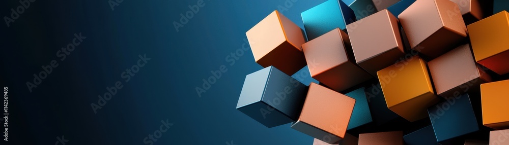 Poster a vibrant, modern abstract composition featuring colorful cubes arranged dynamically against a dark 