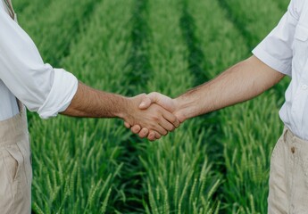 Close-Up Handshake Between Farmers in Lush Green Wheat Field