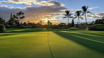 Scenic Sunset over Golf Course with Flag in Vibrant Landscape