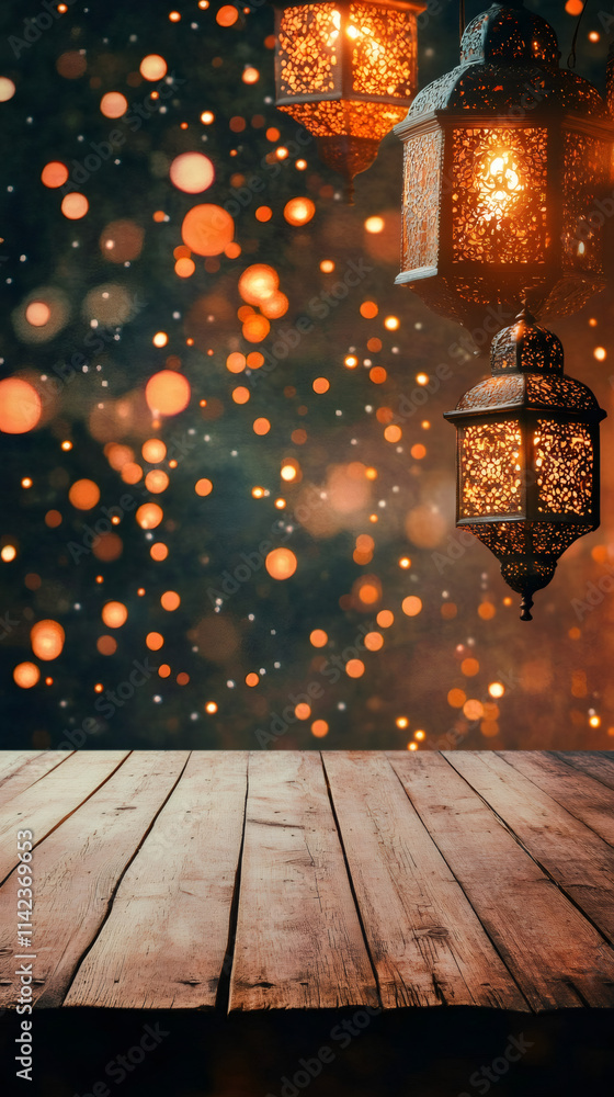 Poster festive ramadan background with hanging lanterns and blurred bokeh lights on an empty wooden table