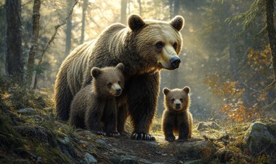 Obraz premium Mother bear and cub exploring the forest together, bears, wildlife, nature, family, adorable, fluffy, furry