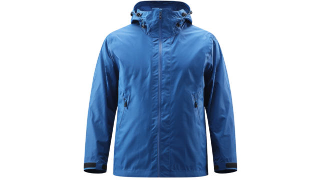 Mens blue rain jacket, isolated on transparent background