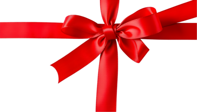 Red satin gift ribbon and bow isolated on transparent background, ideal for holiday celebrations like Christmas, birthdays, and Valentine's Day.
