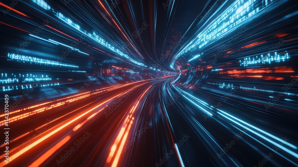Poster a futuristic design of a high-speed train at full speed, with glowing rail tracks and dynamic motion