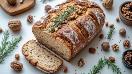 Freshly Baked Rustic Bread with Nuts and Herbs on Light Background Surrounded by Organic Ingredients and Wooden Boards for Culinary Inspiration
