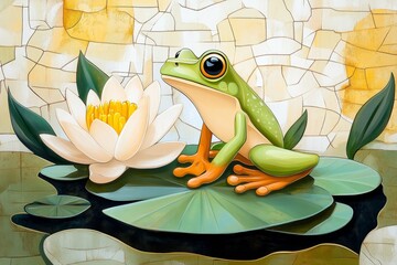 A vintage-style poster of a frog sitting on a lily pad, with muted green and yellow tones and ornate typography evoking a naturalist journal