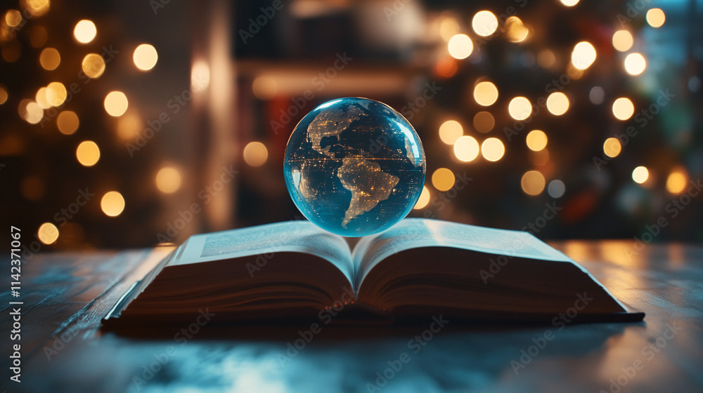 Poster glowing globe rests on an open book against a backdrop of sparkling lights and warm ambiance