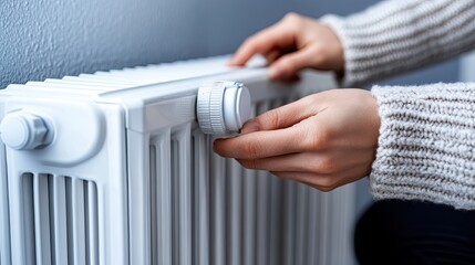 Close-up view of a woman's hands turning the temperature dial on a radiator, ensuring a warm and energy-efficient home setting during colder months