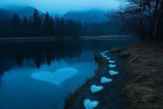 Serene twilight lake; heart-shaped path leads to water.