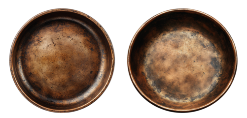 Two antique bronzed dishes exhibiting vintage charm and wear.