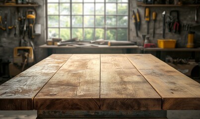 Empty wooden table with blurred background featuring carpenter's tools on the wall, carpenter, tools, wood, table