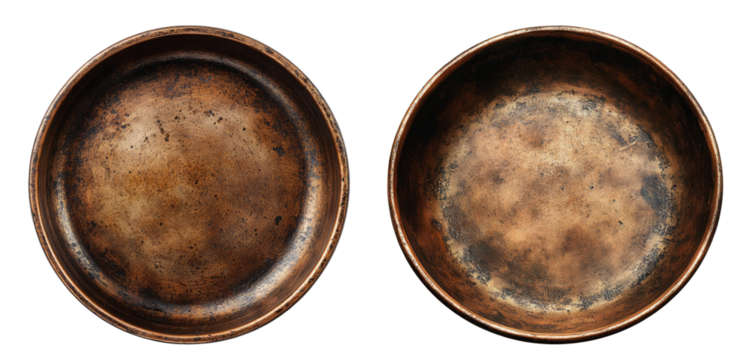 Two antique bronzed dishes exhibiting vintage charm and wear.