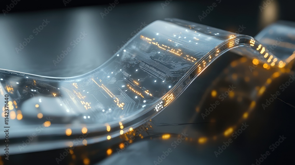 Poster a futuristic flexible microchip, curved slightly on a transparent surface, with glowing circuits hig