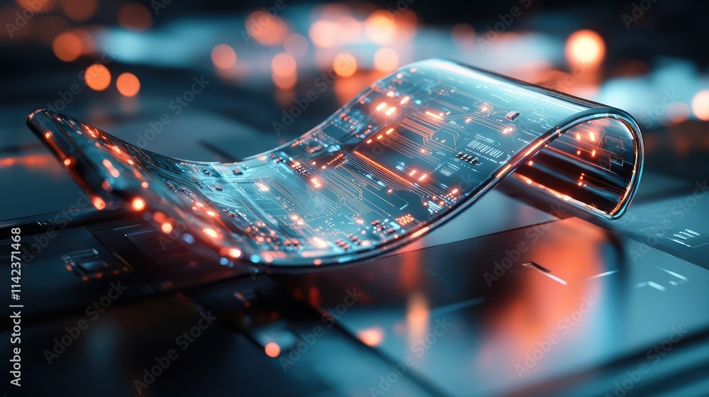Poster a futuristic flexible microchip, curved slightly on a transparent surface, with glowing circuits hig