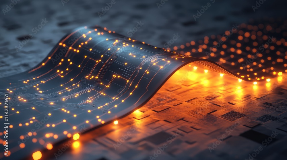 Poster a futuristic flexible microchip partially folded, with glowing connections extending dynamically acr
