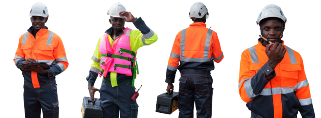 Black engineer maintains industrial plant on transparent background,( PNG )Photo