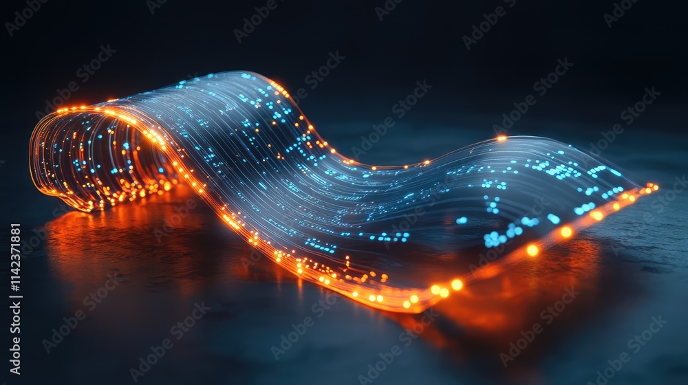 Poster a futuristic flexible microchip partially folded, with glowing connections extending dynamically acr