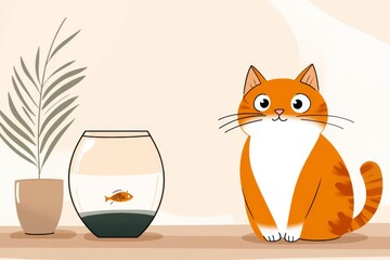 A whimsical 2D drawing of a cat staring intently at a fish bowl, surrounded by cartoonish details and playful lines on white