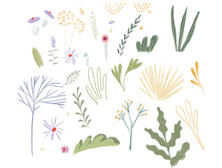 Set of Hand Drawn Flowers Leaves Botanical Elements. Nature Inspired Design Soft Colors Pastel Tones. Isolated Plants Textured Brushes Fresh Look. Vector Flat Illustration.
