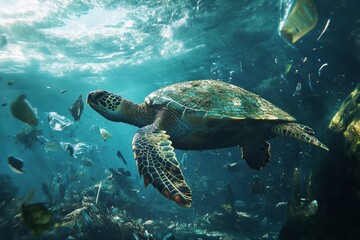 Fototapeta premium Sea turtles struggling to navigate through plastic debris in the ocean, clear water turning murky, no person, underwater, highly detailed