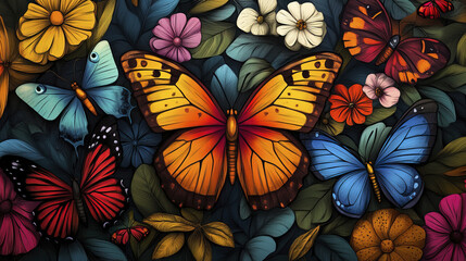 Vibrant butterflies and colorful flowers create stunning nature scene