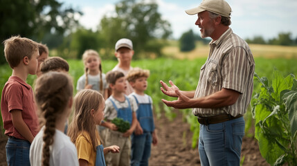 Fototapeta premium Kids learn about farming during a hands-on educational activity in a green field