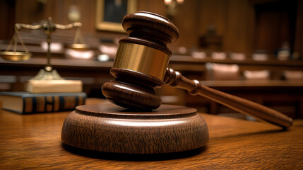 Dramatic Close-Up of a Judge's Gavel Poised for Action Against a Backdrop of Courtroom Elements Emphasizing Justice