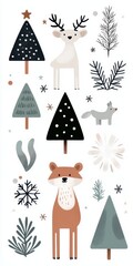 Winter wonderland scene featuring reindeer trees and snowflakes minimalist design whimsical style