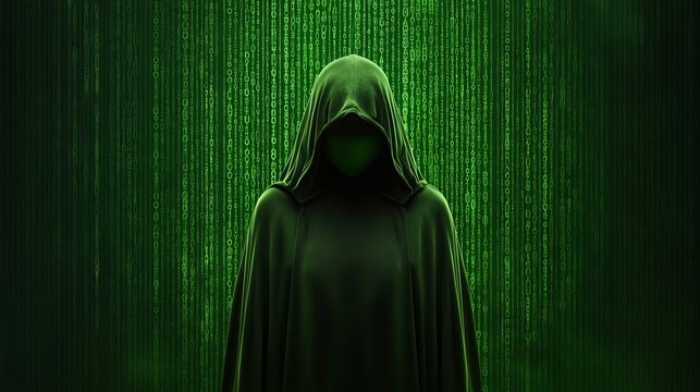 Mysterious figure shrouded in a dark green cloak stands before a cascading stream of green digital code. An air of secrecy and enigma permeates the scene.