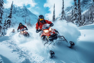 a person riding a snowmobile in the snow with other people behind him on a snowy mountain side with trees