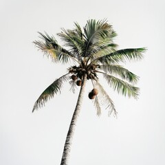 A palm tree with coconuts against a white background