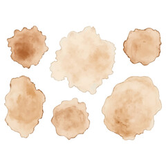 Collection of six coffee stains in varying sizes and shades of brown on white background. Vector objecrs