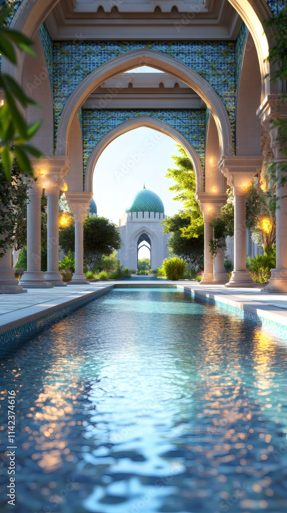 Poster Ornate arches and columns frame a serene pool reflecting golden light, leading to a mosque under a clear sky, evoking the peaceful atmosphere of ramadan