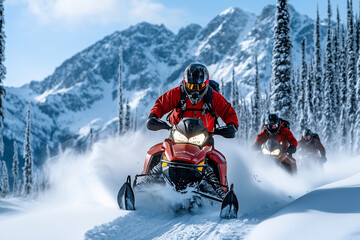 a person riding a snowmobile in the snow with other people behind him on a snowy mountain side with trees