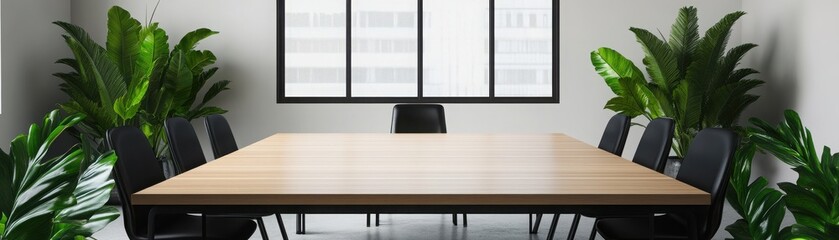 Minimalist conference room with large wooden table, black chairs, and indoor plants for a refreshing work environment.
