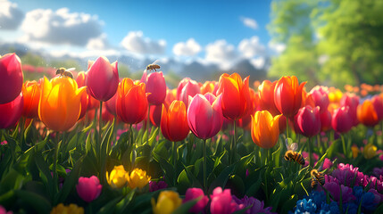 Obraz premium A Lush Tulip Garden Showcasing Diverse Varieties Creating a Colorful Patchwork, A Testament to Nature's Harmony and Beauty.