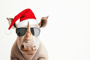 Rhinoceros wearing sunglasses and a Santa hat for a humorous Christmas concept