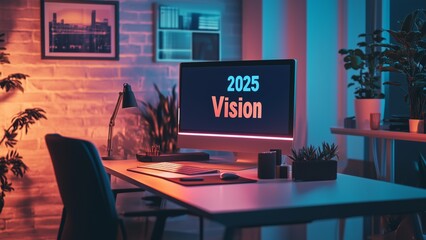 A minimalist workspace with a glowing "2025 Vision" document on a screen, emphasizing focus and determination for success, clean and modern