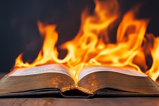 Flames consuming the pages of an open book, with text blackening and curling as the fire spreads