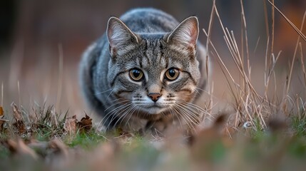 Sleek wildcat crouching in tall grass forest clearing wildlife photography natural habitat close-up nature's beauty