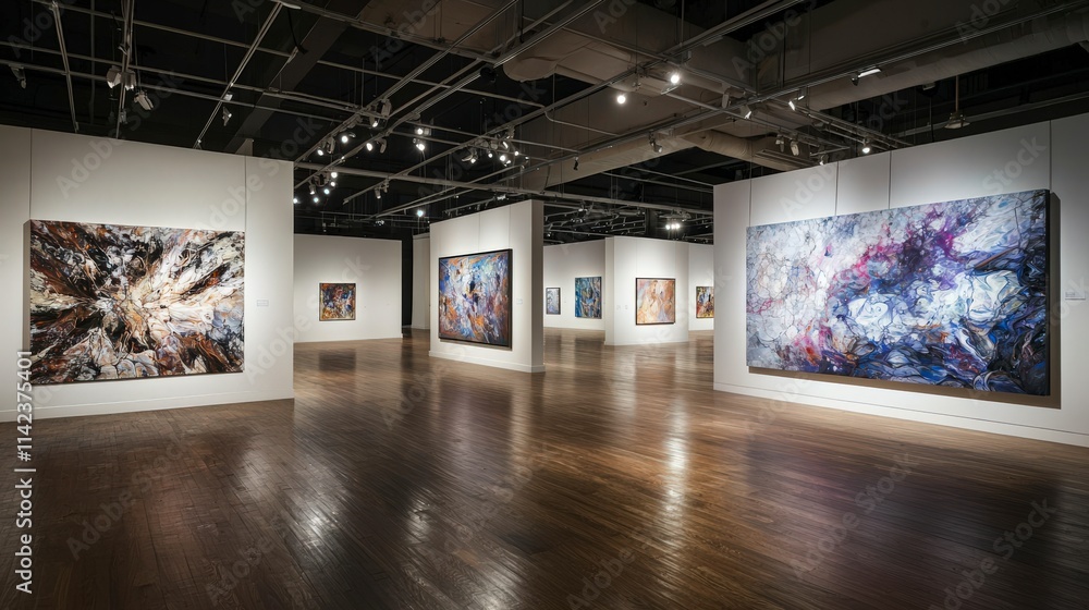 Poster experience immersive city art exploring a spacious gallery with massive abstract paintings in a cont