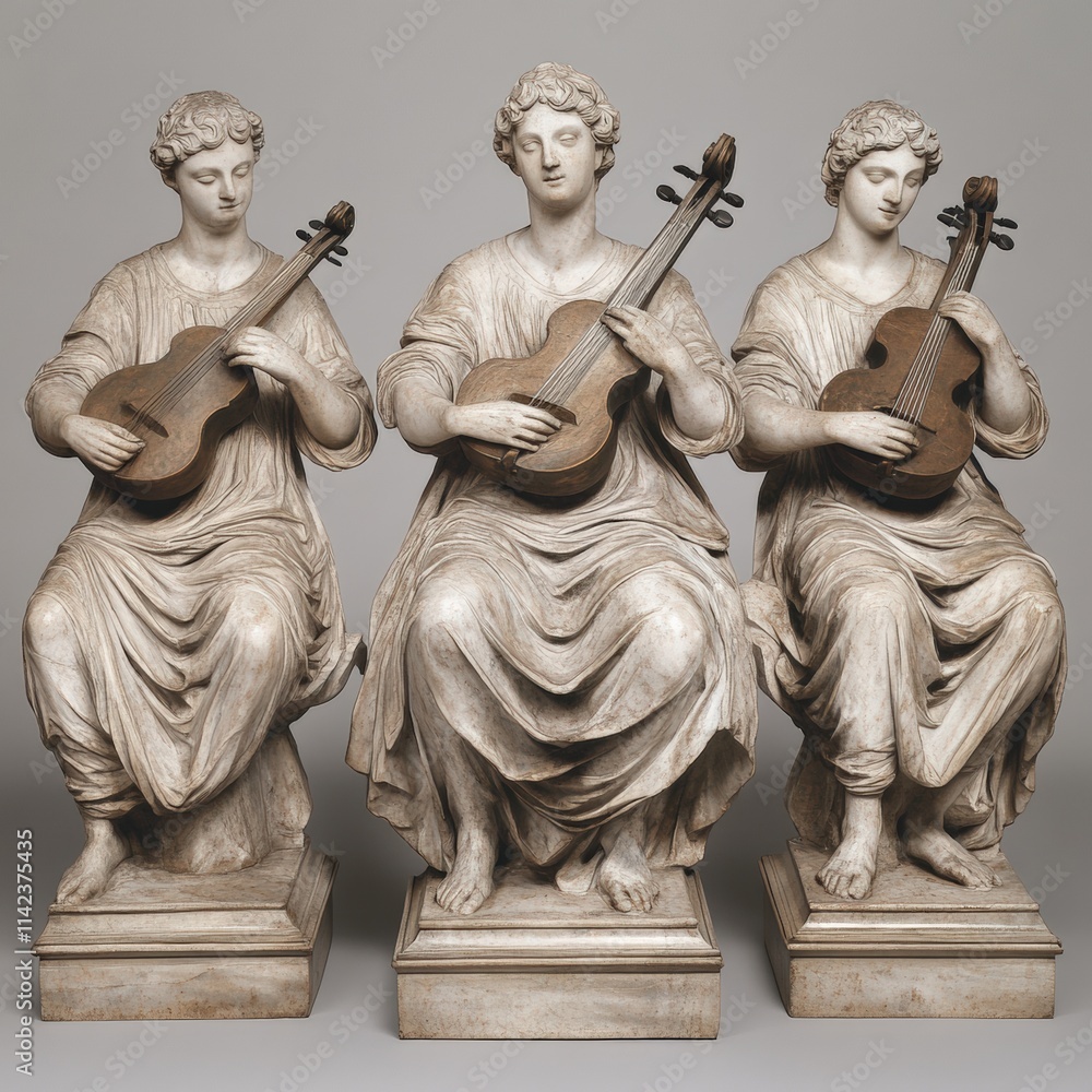 Poster three statues playing stringed instruments
