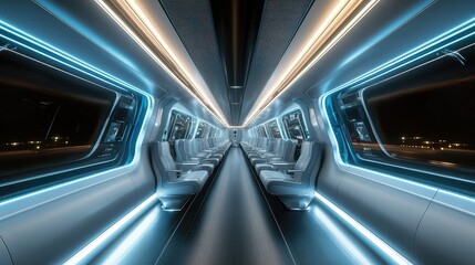 Obraz premium A futuristic high-speed train interior with glowing LED strips, wide aisles, and a sleek, metallic color scheme