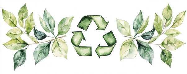 Recycle sustainability watercolor. Watercolor illustration of leaves surrounding a green recycling symbol, promoting eco-friendliness.