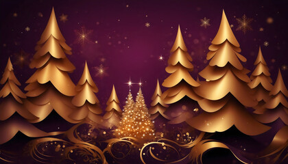 Abstract festive Christmas golden tree stands out, paper cut style, adorned with snowflakes, sparkles and glowing bokeh lights, header design, minimalist, against a purple tone elegant background
